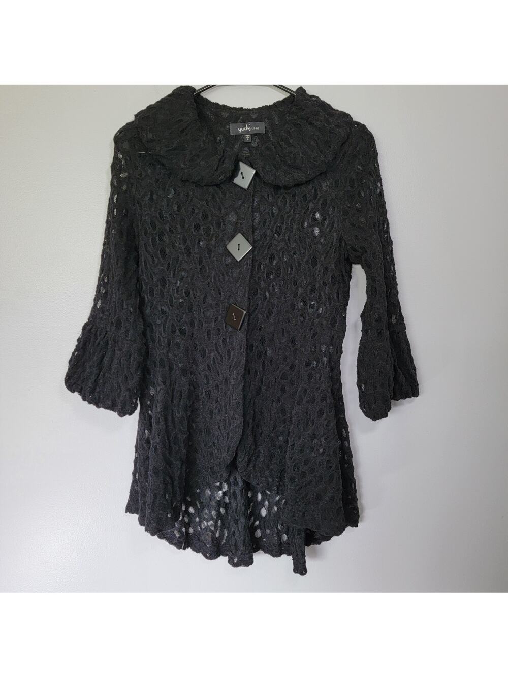 Yushi Black Cardigan Tunic Top Womens S 3/4 Sleeves Witchy Halloween Whimsygoth